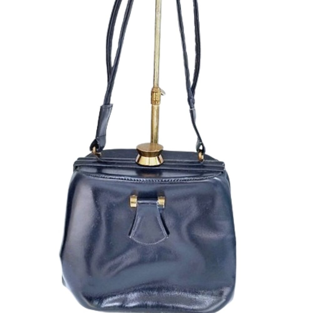 1950s Vintage Navy Blue Leather Rectangle Shape Box Handbag With Top Handle